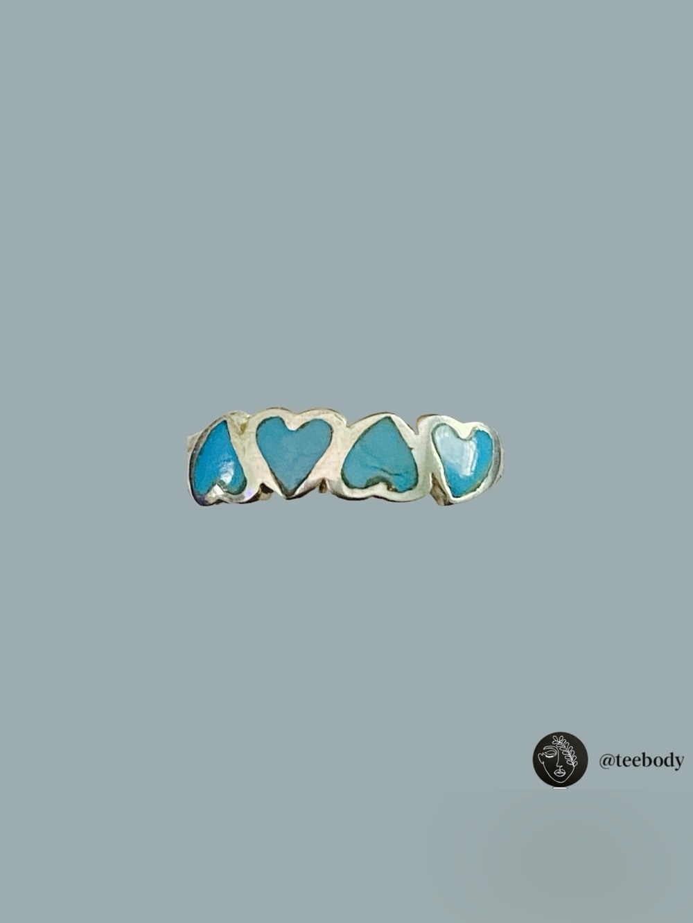 VTG Navajo Turquoise Sterling Silver 4 Hearts Inlay Band Ring NWT Size 7